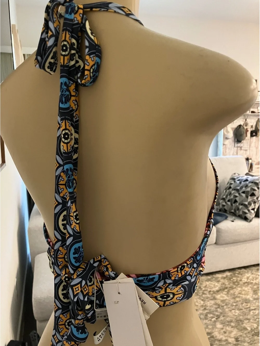 NWT Derek Lam 10 Crosby  Reversible Halter Bikini Top with Geometric Print